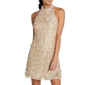 Adrianna Papell Gold Beaded Halter Mini Dress